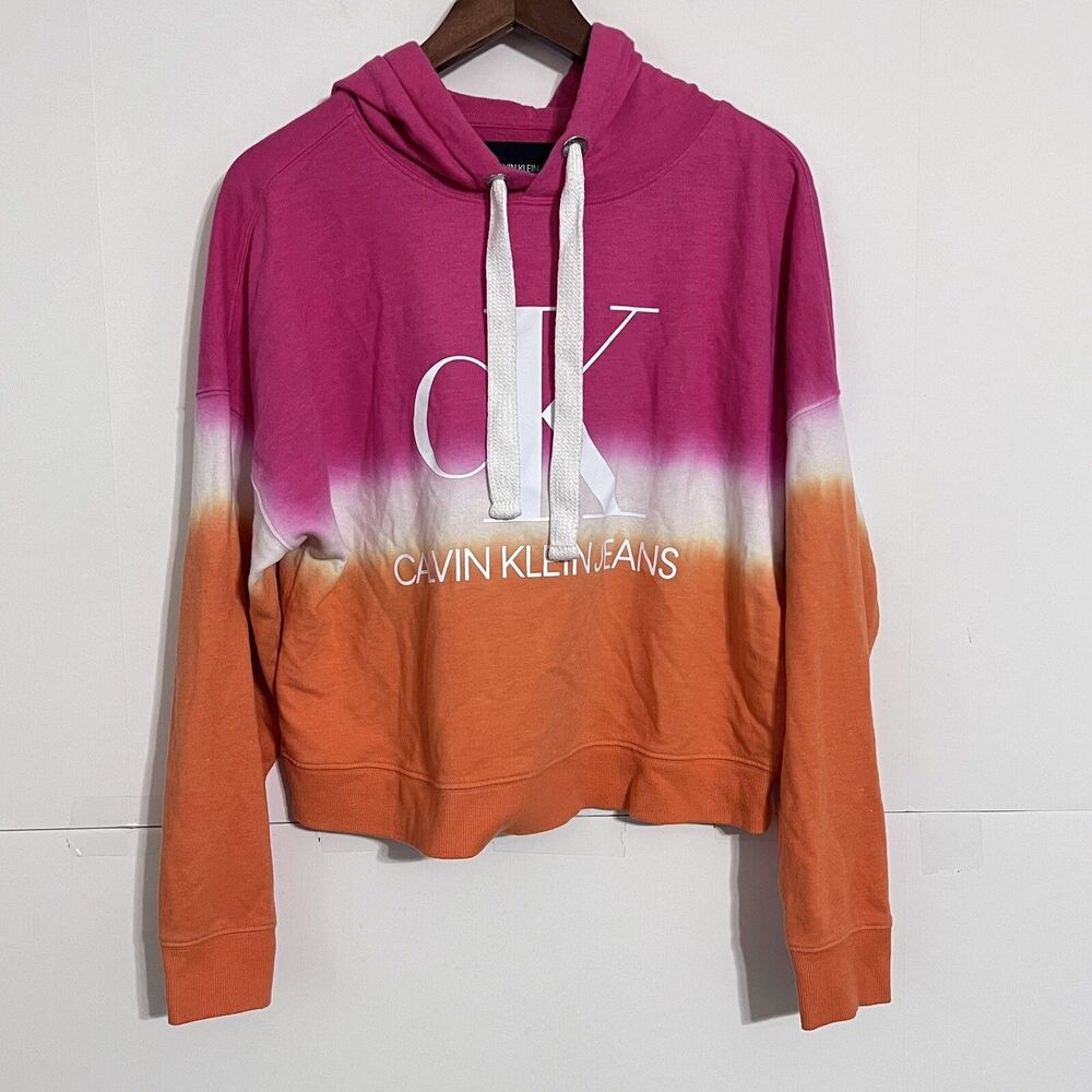 Calvin Klein Jeans Womens Hoodie Size S Tie-Dyed Crop Top Logo Pullover